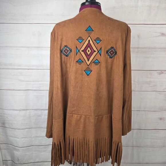 Wrangler Brown Aztec Fringe Open Coachella Cardigan Boho Chich Western Large - Picture 1 of 9